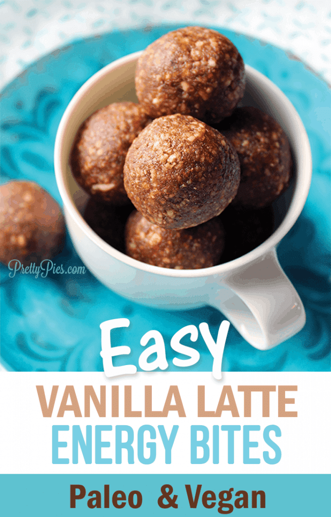 6-ingredient latte energy bites! Super easy, healthy snack recipe that tastes like your fav coffee. #energybites #blissballs #glutenfree #vegan #paleo #prettypies