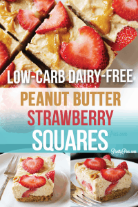 The perfect summer dessert: Peanut Butter Strawberry Squares! Thick pb cream + juicy berries on a no-bake peanut butter shortbread crust. You won't believe these are Low-Carb! (Free from dairy, gluten, sugar, eggs, and artificial ingredients!) #vegan #keto #healthydessert recipe from PrettyPies.com