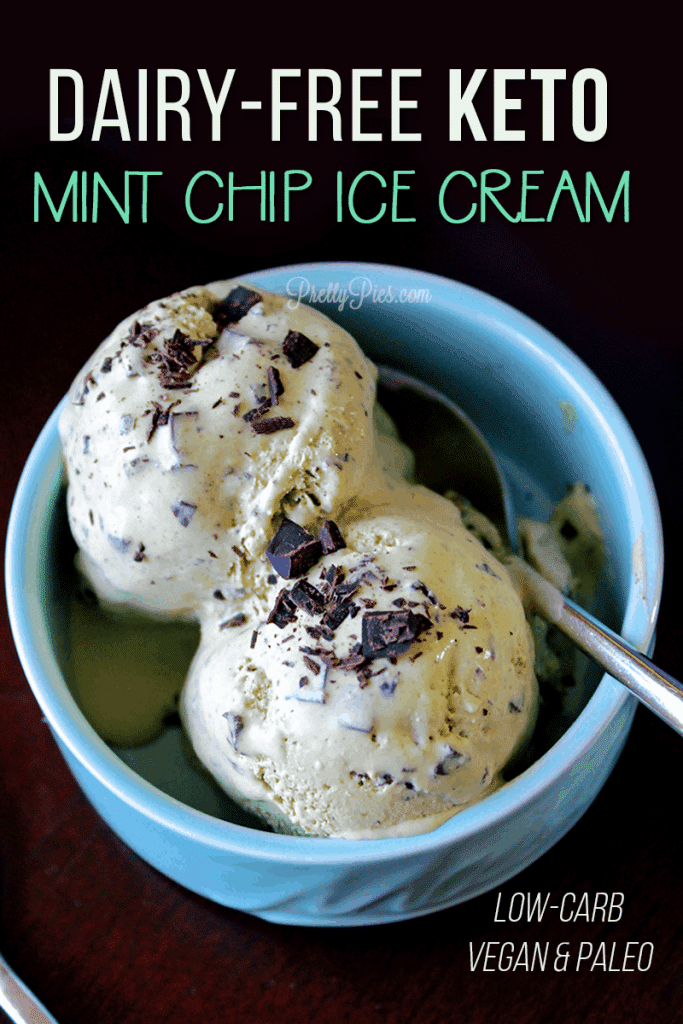 YAY! Mint Chip Ice Cream without the dairy or sugar! This tastes just like the real deal but it's low carb, keto, vegan and Paleo (and secretly nutrient packed!) | #dairyfreeicecream #dairyfreeketo #paleodesserts #vegandesserts #healthyrecipe from PrettyPies.com