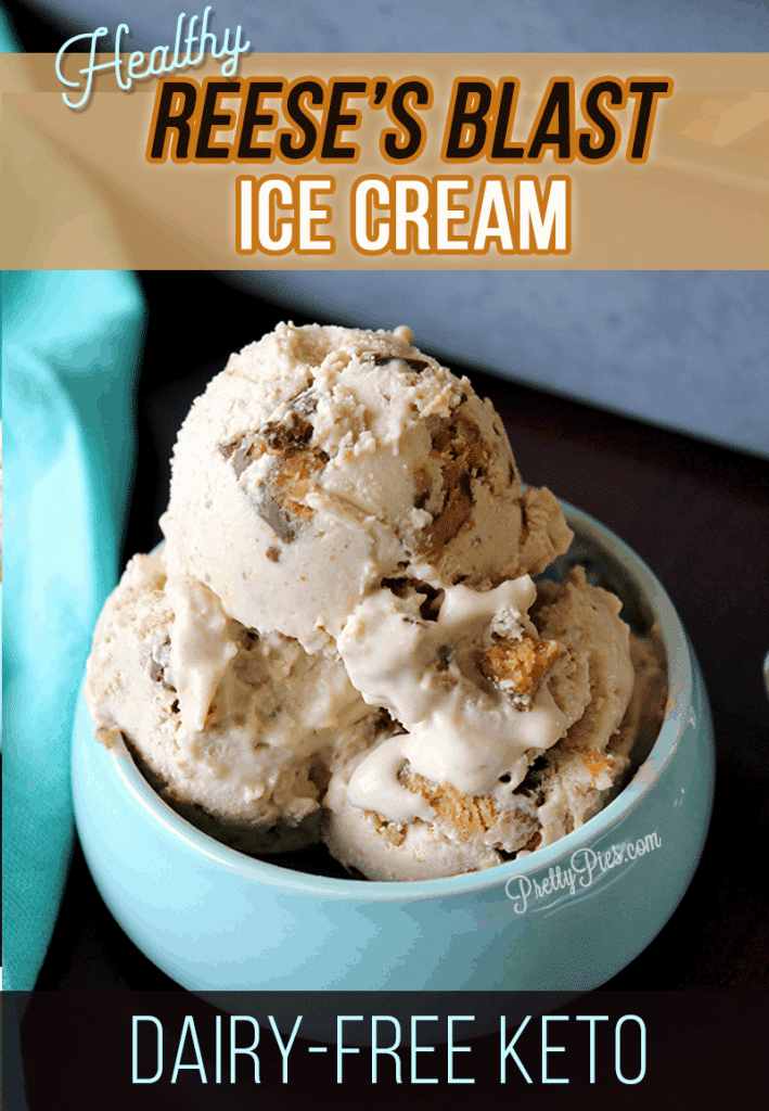 Healthy Reese’s Blast Ice Cream! No dairy and no sugar! The creamiest pb ice cream loaded with chunks of homemade peanut butter cups! A scoop of HEAVEN that won't wreck your diet | #lowcarb #Keto #Vegan #dairyfreeketo #healthyrecipes from PrettyPies.com