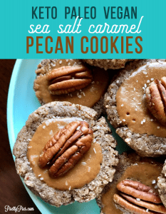 Sea Salt Caramel Pecan Cookies! Tender, buttery pecan cookies coated in gooey caramel and sea salt. Sweet & salty delish! And totally LOW-CARB. These cookies are killer! {You won't believe there's NO flour, sugar, butter or eggs!} | #glutenfree #cleaneating #keto #vegandesserts #paleorecipes from PrettyPies.com