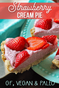 Favorite summer dessert: Strawberry Cream Pie! Luscious cream bursting with strawberry flavor on a buttery shortbread crust. Perfect for BBQ's, parties and potlucks (No one will know it has NO gluten/grains, dairy, eggs, or sugar!) | #vegan #paleo #cleaneating #healthydessert recipe from PrettyPies.com