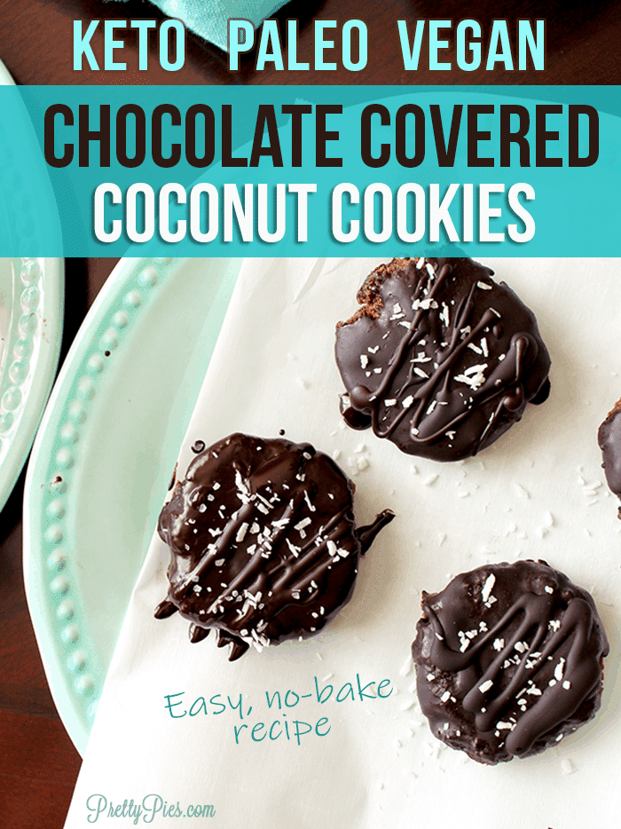 KETO Chocolate Covered Coconut Cookies! 2 g net carbs. So rich and satisfying. No bake, no dairy, no sugar. Clean-eating, low-carb, healthy chocolate fix recipe from PrettyPies.com #keto #nobakecookies #chocolate #healthyrecipe