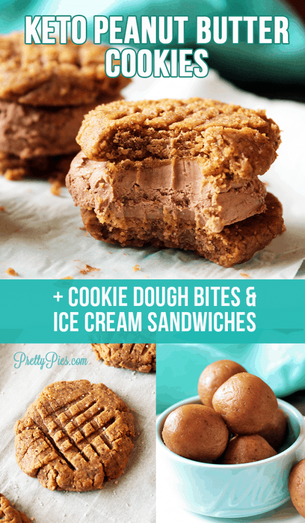 Keto Peanut Butter Cookies + cookie dough & ice cream sandwiches (PrettyPies.com)