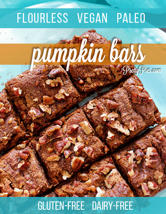 Healthy enough for breakfast but tastes like dessert! Flourless Pumpkin Bars with Pecan Streusel! Easy, one-bowl recipe made with whole foods. (Gluten-Free, Dairy-Free & Refined Sugar-Free, Vegan, Paleo) #veganrecipes #paleorecipes #pumpkinspice #pumpkin #prettypies