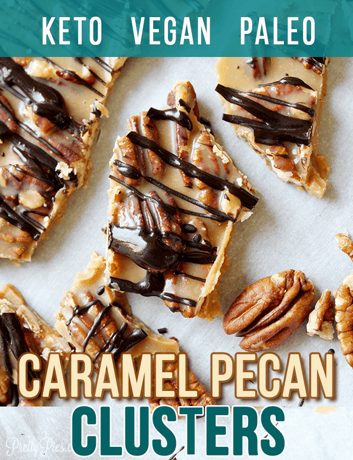 Crunchy munchy delicious! These dairy-free, sugar-free Caramel Pecan Clusters are a quick and easy low-carb/keto treat made with simple, whole food ingredients (2 net carbs!) #prettypies #caramel #pecan #keto #lowcarb #ketodesserts #dairyfree