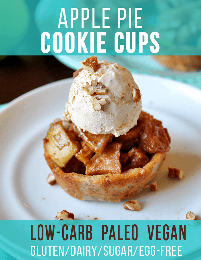 Apple Pie Cookie Cups! Chewy cookies baked in a muffin pan make the perfect vessel for apple pie and homemade ice cream! No gluten/grains, dairy, eggs or sugar. Vegan, Paleo & Low-Carb (with sweetener options!) #prettypies #paleo #vegan #lowcarb recipe from PrettyPies.com