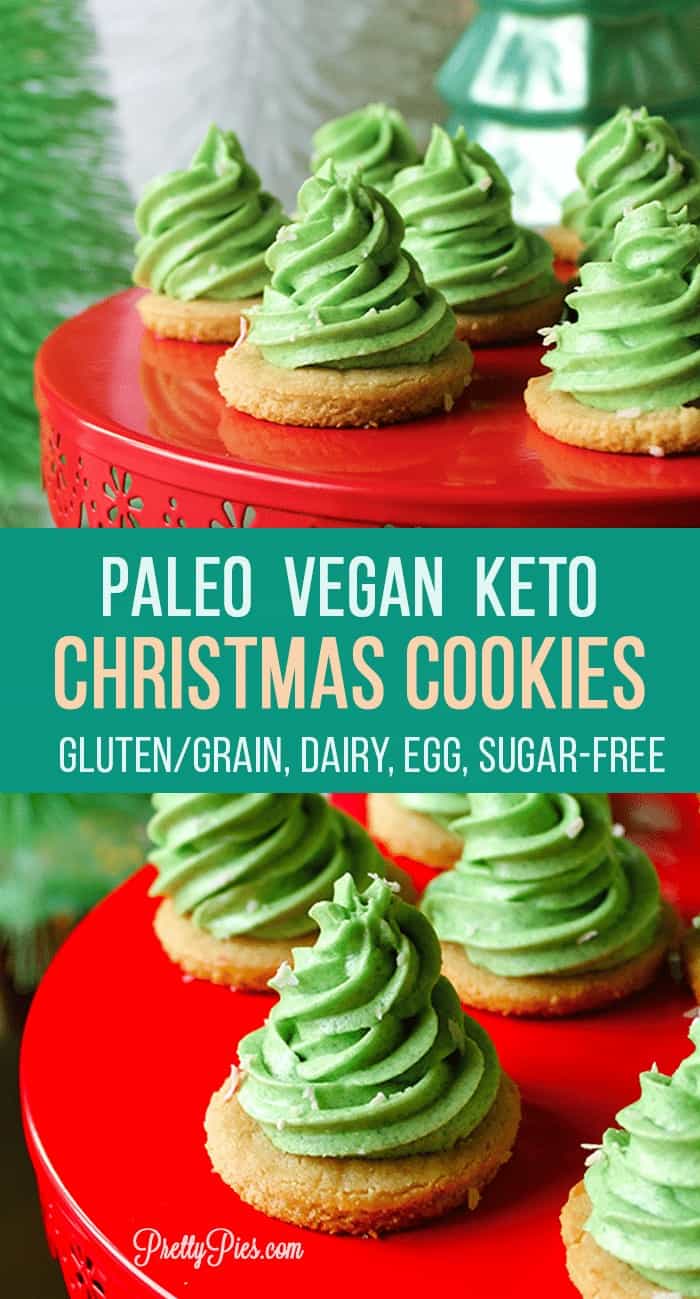 Real deal Christmas cutout sugar cookies with perfect frosting -- made without gluten, grains, dairy, eggs, sugar or artificial coloring. (Paleo, Vegan and Keto friendly!) #prettypies #healthydesserts #christmascookies #glutenfreecookies #dairyfreefrosting #ketodesserts