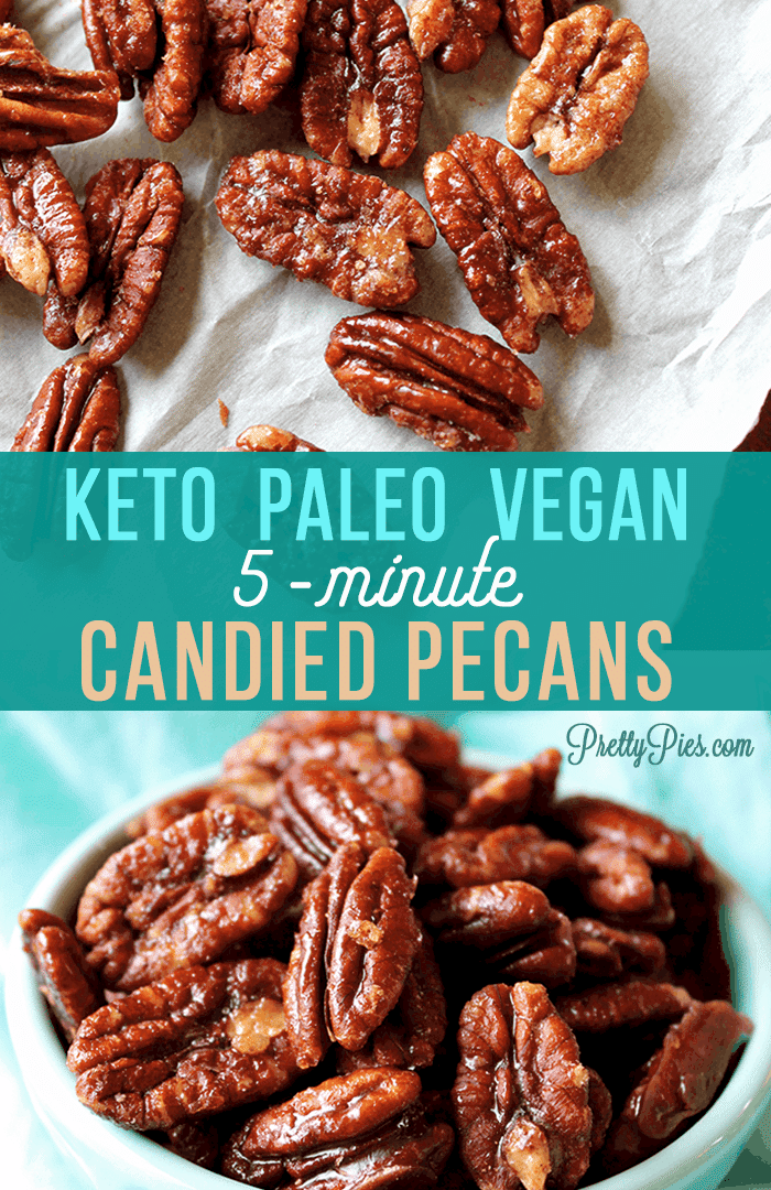 Super easy & quick candied pecans recipe. No one will know they're sugar-free! 4 simple ingredients and no artificial sweeteners. Keto/Low-Carb, Dairy-Free, Paleo & Vegan #prettypies #lowcarb #keto #healthydesserts #candiedpecans