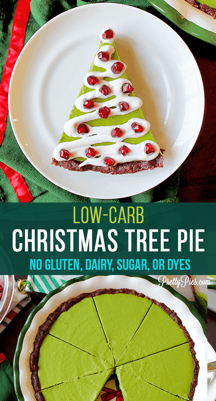 Surviving the holidays on a special diet just got a whole lot easier! This festive vanilla cream Christmas Tree Pie is free from gluten, dairy, eggs, soy, artificial coloring and sugar! You'd never know it's low carb, paleo and vegan. #prettypies #christmasdesserts #lowcarb #sugarfree #dairyfree #dyefree