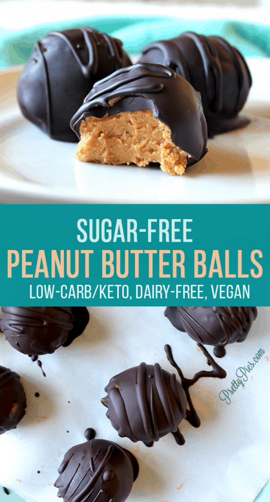 Peanut Butter Balls made healthier! No sugar or grains, but they’re still utterly DELICIOUS. Who knew low carb could taste so good?! (keto, dairy-free, & vegan, too!) #prettypies #lowcarbrecipes #healthydesserts #ketodesserts #peanutbutterballs