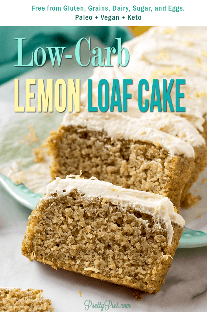 This Low-Carb Lemon Loaf Cake is soft, moist, and bursting with lemon flavor! Topped with the BEST dairy-free bakery-style lemon buttercream. Made with simple, clean ingredients, and amazingly free from gluten, grains, eggs, dairy, sugar, so you can freely enjoy! (Paleo, Vegan, Keto) #prettypies #healthydesserts #lemoncake #ketocake #dairyfreeketo #lowcarb #sugarfree #paleocake #veganketo