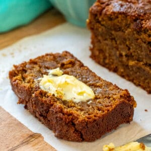 low carb Pumpkin Bread loaf slice with butter