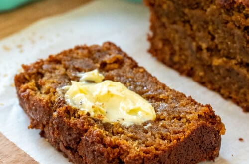 low carb Pumpkin Bread loaf slice with butter