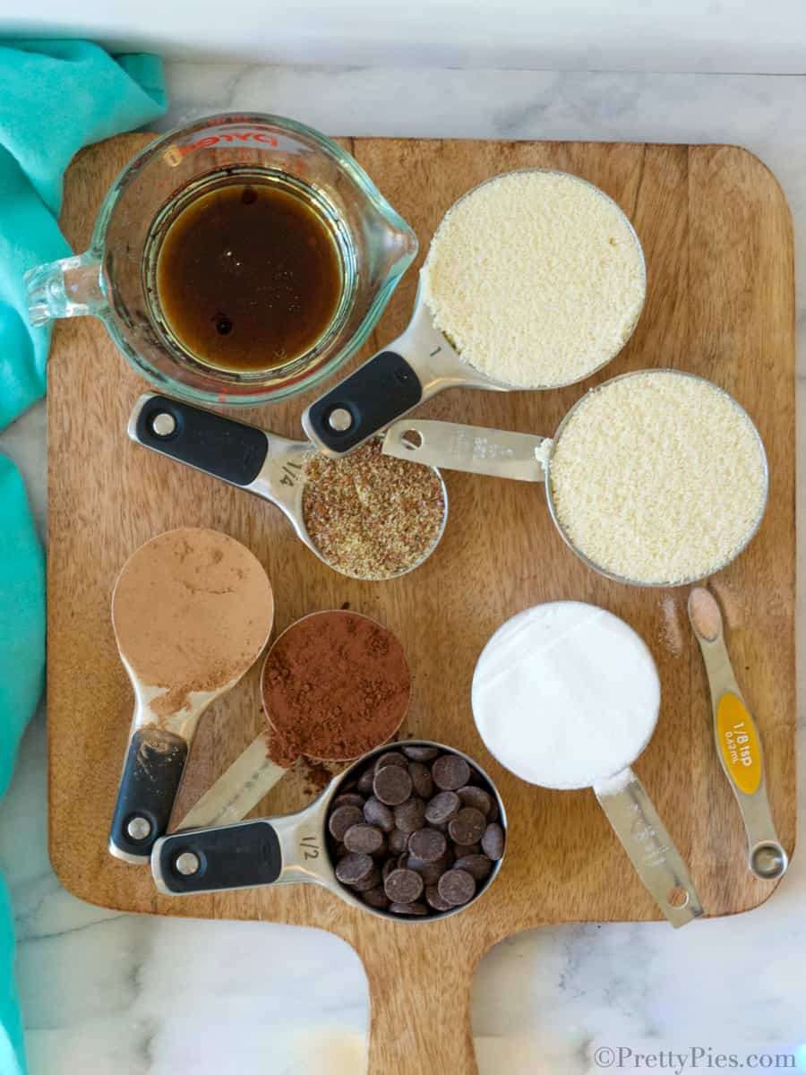 measuring cups filled with ingredients for low carb brownies