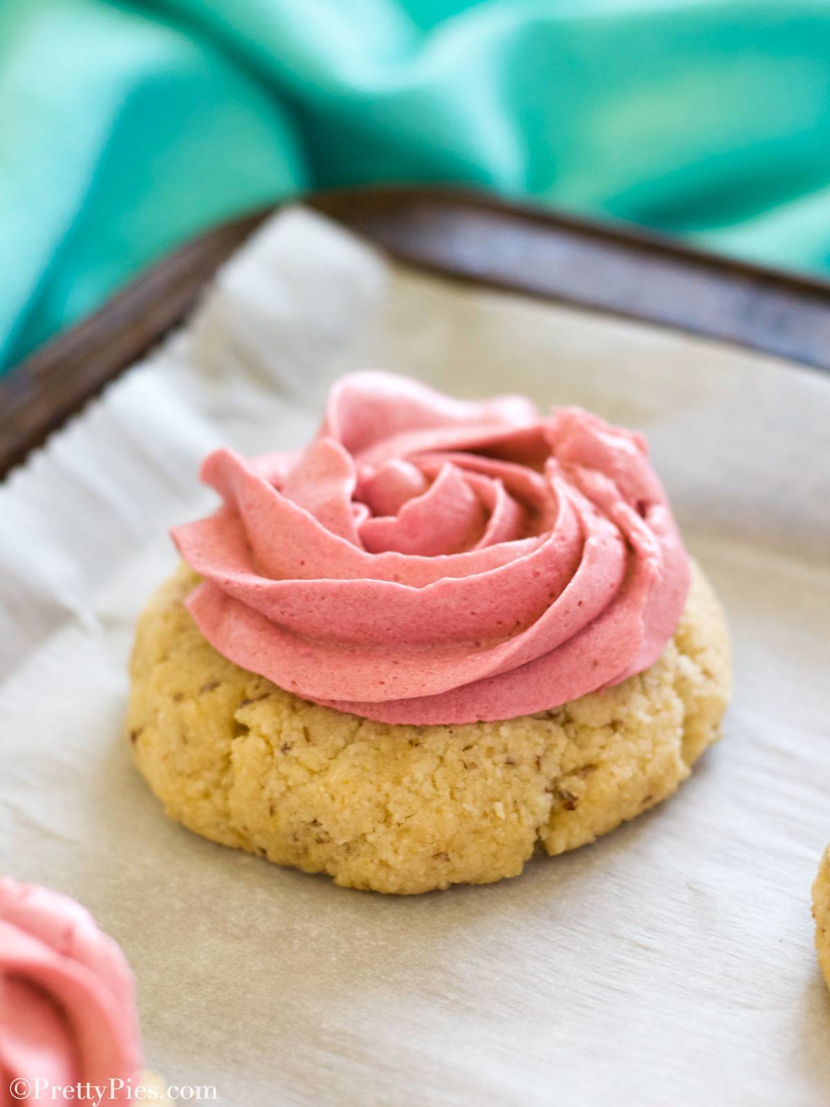 Low-Carb frosted Crumbl Sugar Cookie close up