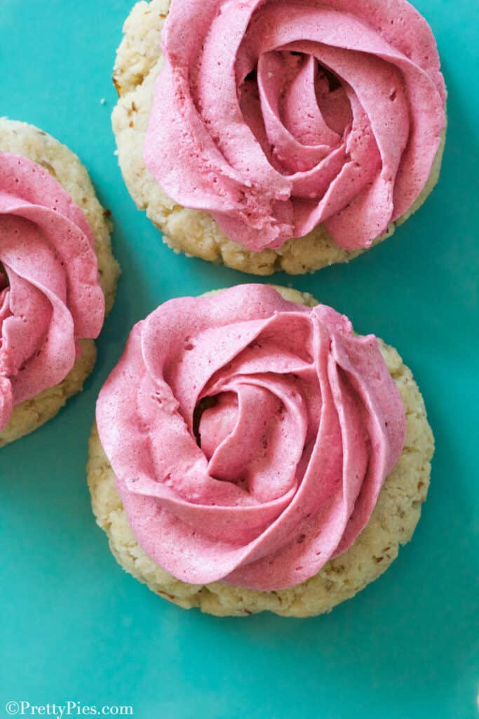 low-carb crumbl sugar cookies with pink frosting